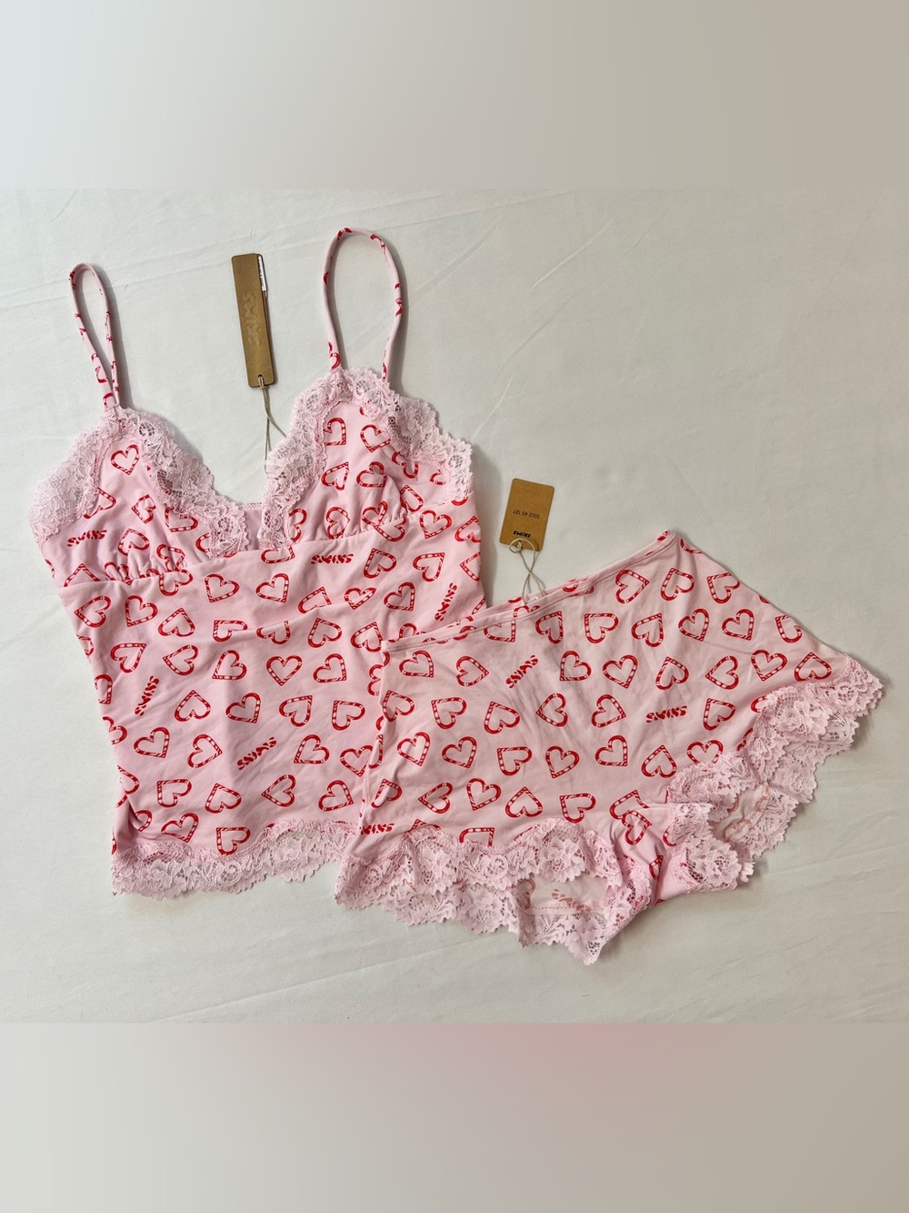 SKIMS Fits Everybody Lace Cami Triangle Tank Top + Boyshort Set Pink